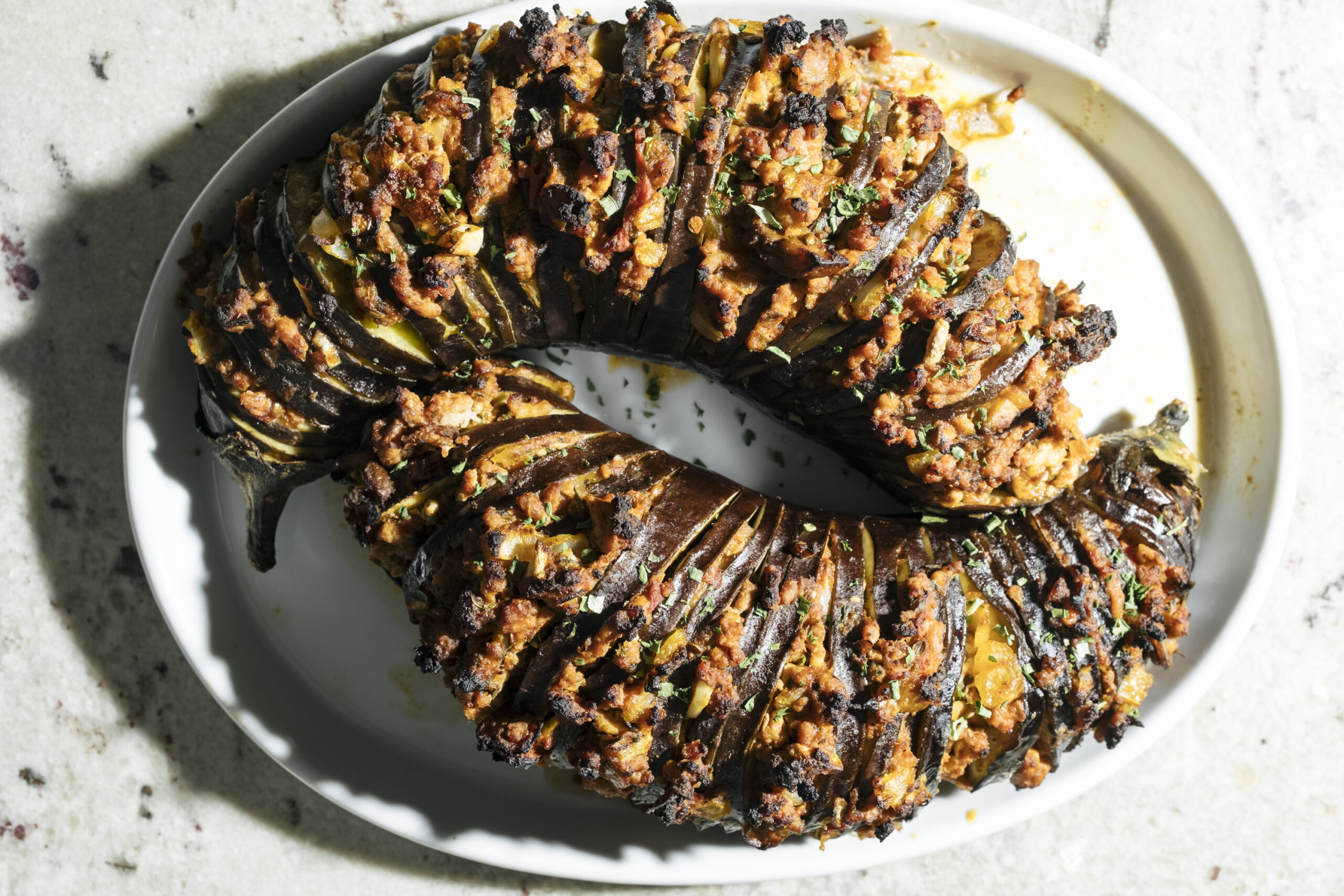 stuffed hasselback eggplant with garlic herb labneh ephemeral feast